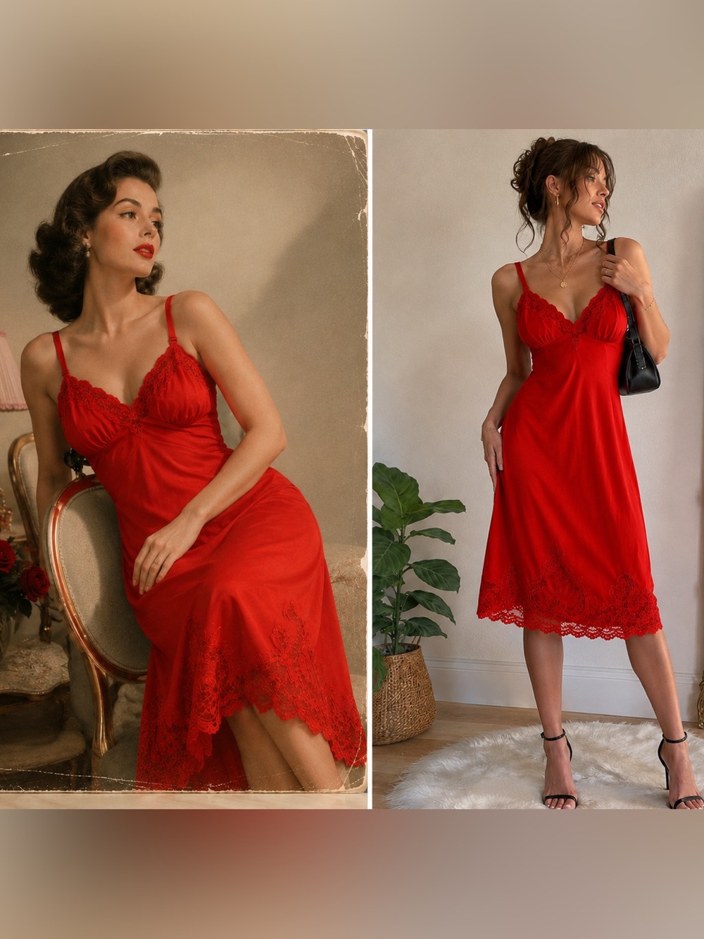 Vintage Red Nylon Tricot Full Slip Nightgown Lace Hem USA Made Size 40 Lingerie